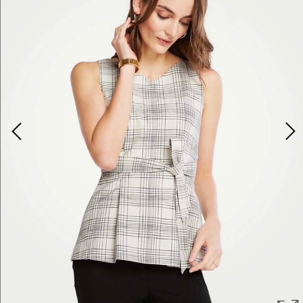 NWT Ann Taylor Plaid‎ Tweed Tie Waist Sleeveless Peplum Shell Black White 00P